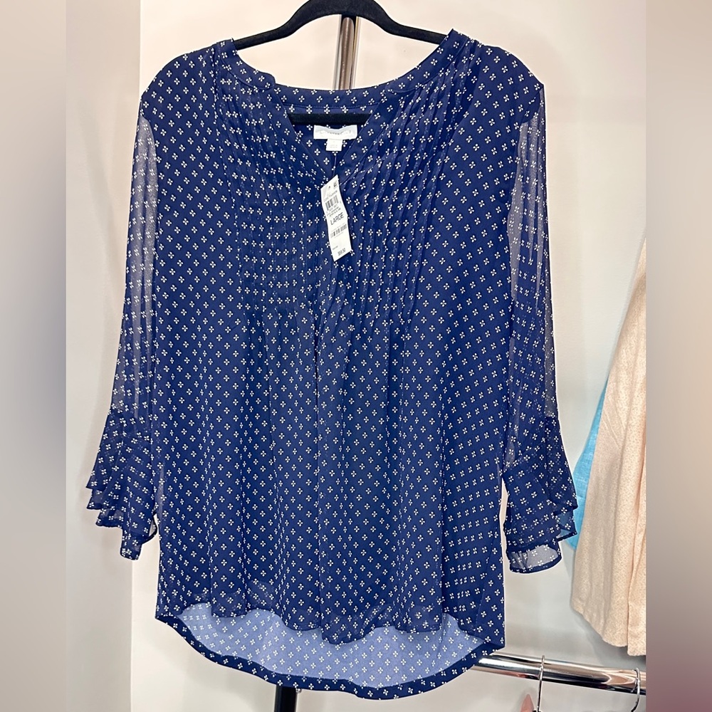 Charter Club New Blue & White Print Blouse Sheer Front Overlay Ruffle Sleeve, L